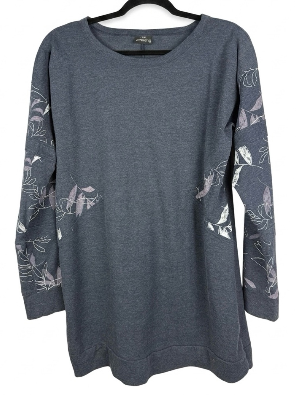Schwiing Floral Botanical Sleeve Tunic Top Sweatshirt Heather Blue Gray XL